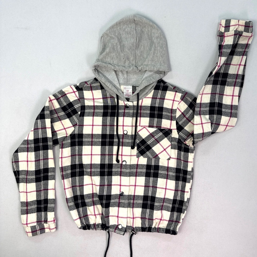 No Boundaries Hooded Plaid Flannel Jacket White Black Pink Small 3-5 Snap Front